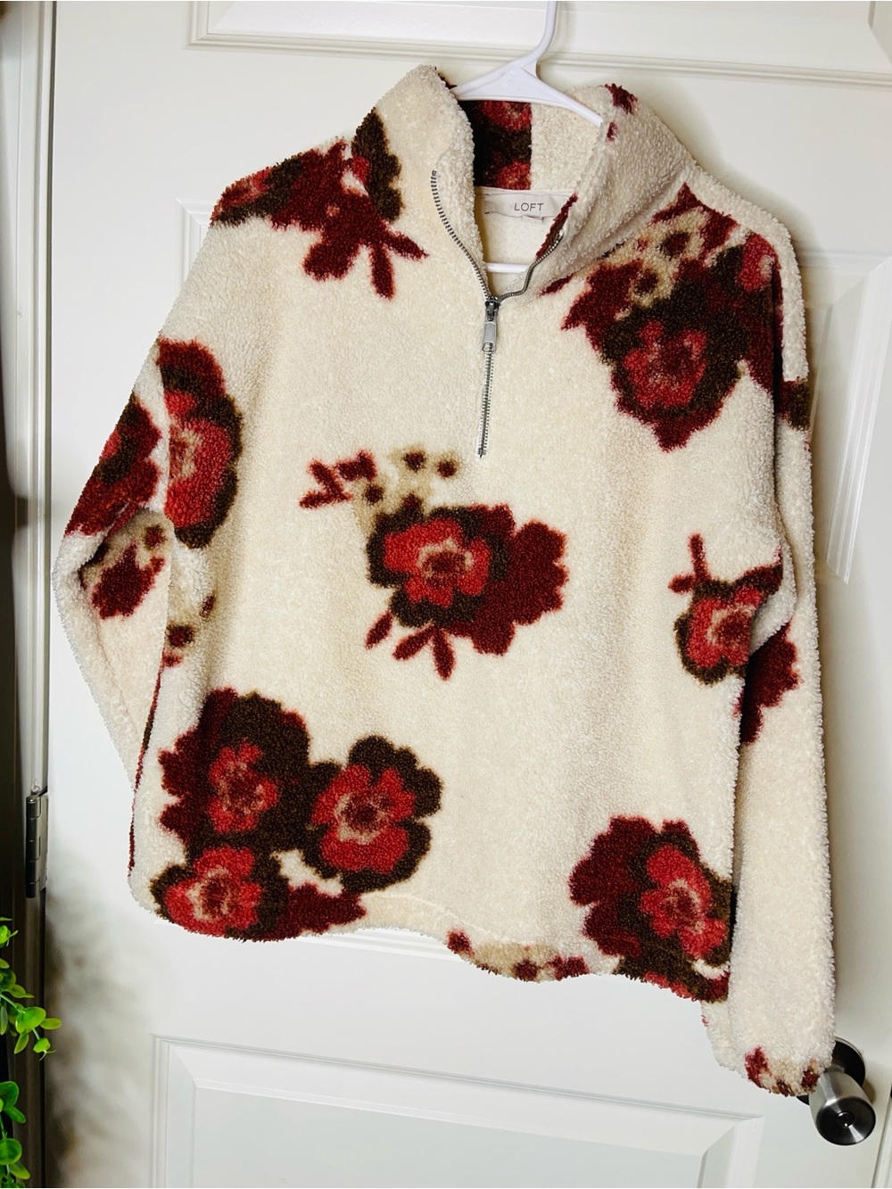 LOFT | Cream Sherpa Fleece Zip Pullover with Red Floral Print